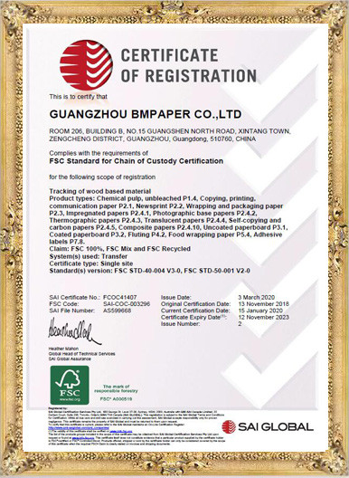 CHINA GUANGZHOU BMPAPER CO.,LTD Certificaten